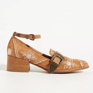 Anthropologie Silent D Embroidered Heeled Loafers Boho Suede Leather Tan Size 37
